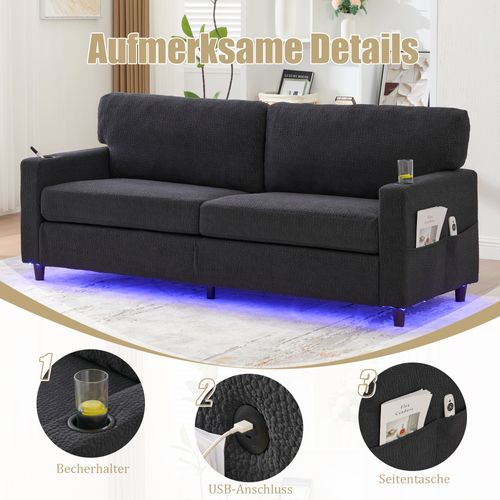 Canapé 2 Places En Chenille Gris Foncé Avec LED, USB-c Et Rangements