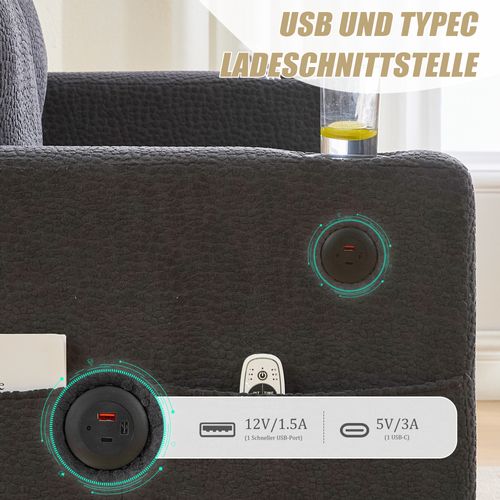 Canapé 2 Places En Chenille Gris Foncé Avec LED, USB-c Et Rangements