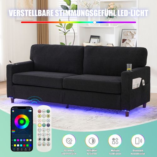 Canapé 2 Places En Chenille Noir Avec LED, USB-c Et Porte-gobelets