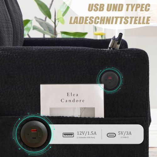 Canapé 2 Places En Chenille Noir Avec LED, USB-c Et Porte-gobelets