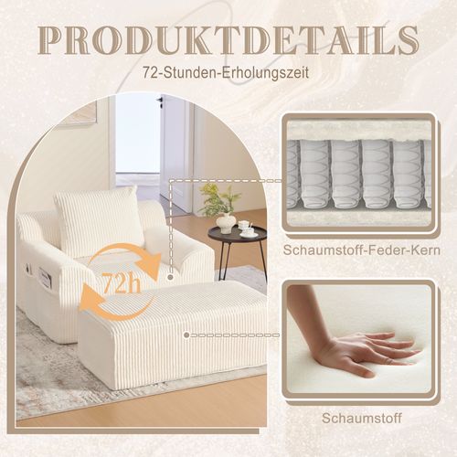 Fauteuil En Velours Côtelé Avec Repose-pieds Et Poches De Rangement