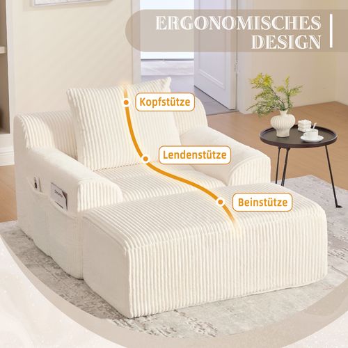 Fauteuil En Velours Côtelé Avec Repose-pieds Et Poches De Rangement