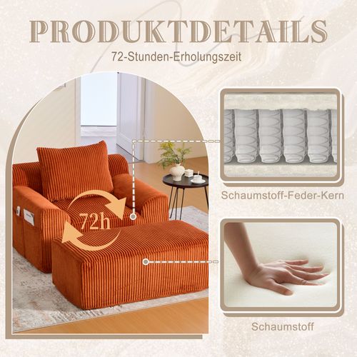Fauteuil En Velours Côtelé Avec Repose-pieds Et Poches Multifonctions Orange