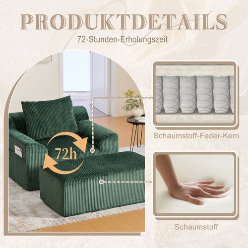 Fauteuil En Velours Côtelé Avec Repose-pieds Et Poches Multifonctions Vert