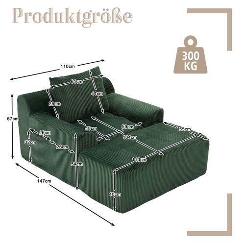 Fauteuil En Velours Côtelé Avec Repose-pieds Et Poches Multifonctions Vert