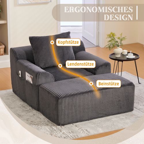 Fauteuil En Velours Côtelé Avec Repose-pieds Et Poches Multifonctions Gris Foncé