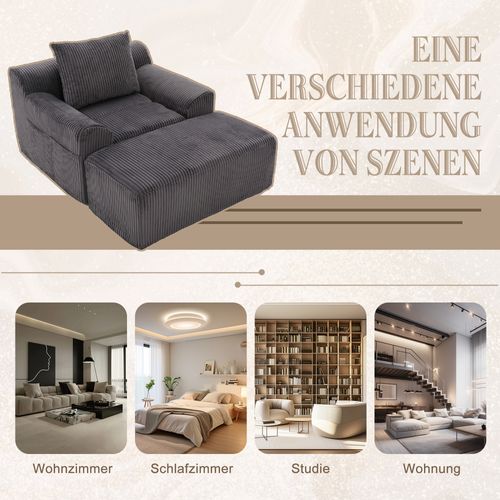 Fauteuil En Velours Côtelé Avec Repose-pieds Et Poches Multifonctions Gris Foncé