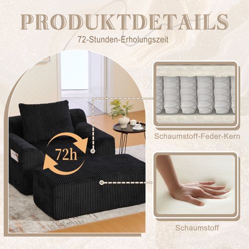 Fauteuil En Velours Côtelé Noir Avec Repose-pieds Et Poches Latérales