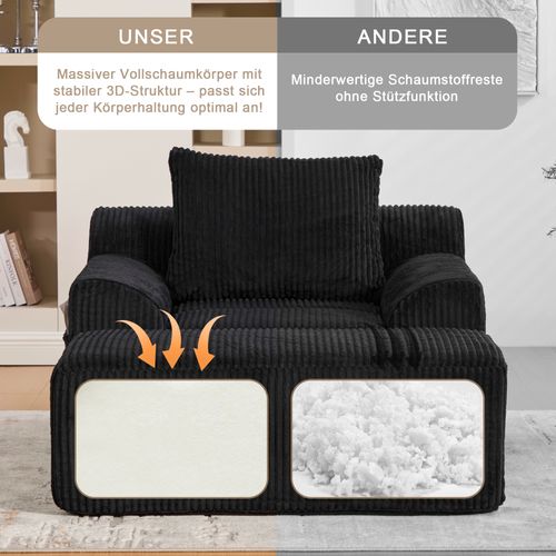 Fauteuil En Velours Côtelé Noir Avec Repose-pieds Et Poches Latérales