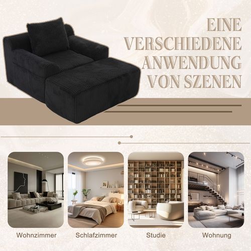 Fauteuil En Velours Côtelé Noir Avec Repose-pieds Et Poches Latérales