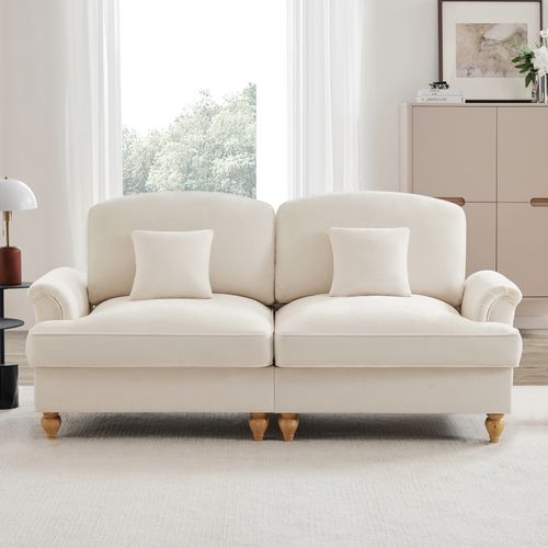 Canapé 2 Places Blanc Style Moderne-médiéval Avec Volant Amovible Et Accoudoirs Évasés