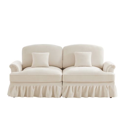 Canapé 2 Places Blanc Style Moderne-médiéval Avec Volant Amovible Et Accoudoirs Évasés