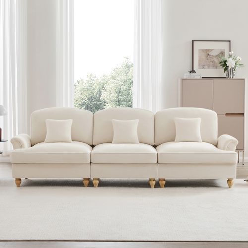 Canapé 3 Places Blanc Mid-century En Chenille Avec Volant Amovible Et Pieds Fuselés