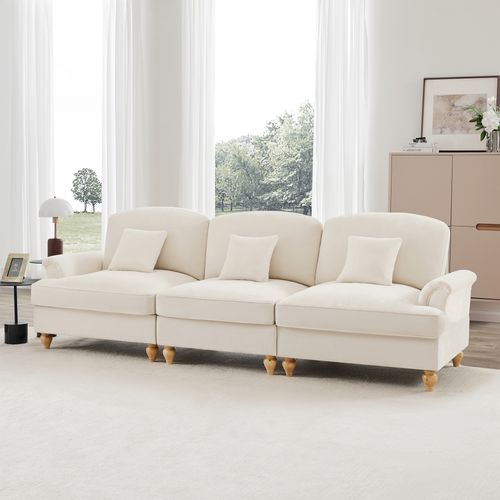 Canapé 3 Places Blanc Mid-century En Chenille Avec Volant Amovible Et Pieds Fuselés