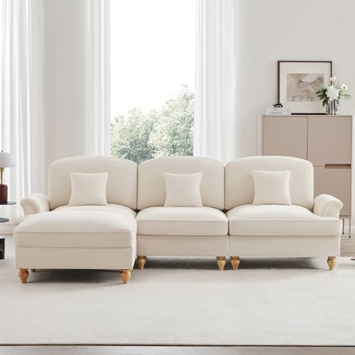 Canapé Modulable 3 Places Blanc Mid-century En L Avec Volant Amovible Et Pouf