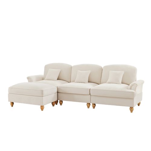 Canapé Modulable 3 Places Blanc Mid-century En L Avec Volant Amovible Et Pouf