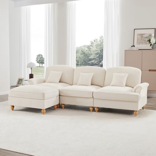 Canapé Modulable 3 Places Blanc Mid-century En L Avec Volant Amovible Et Pouf