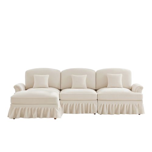 Canapé Modulable 3 Places Blanc Mid-century En L Avec Volant Amovible Et Pouf