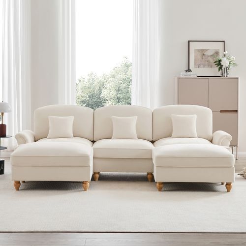 Canapé Modulable U En Chenille Blanc Avec Hocker Et Volant Amovible