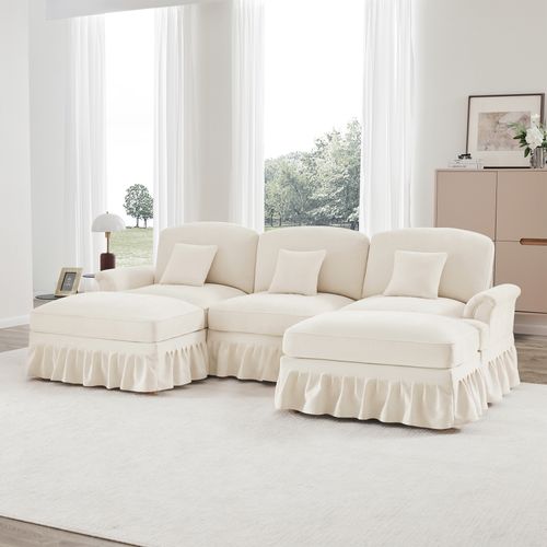 Canapé Modulable U En Chenille Blanc Avec Hocker Et Volant Amovible