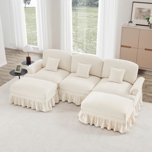 Canapé Modulable U En Chenille Blanc Avec Hocker Et Volant Amovible