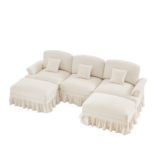 Canapé Modulable U En Chenille Blanc Avec Hocker Et Volant Amovible