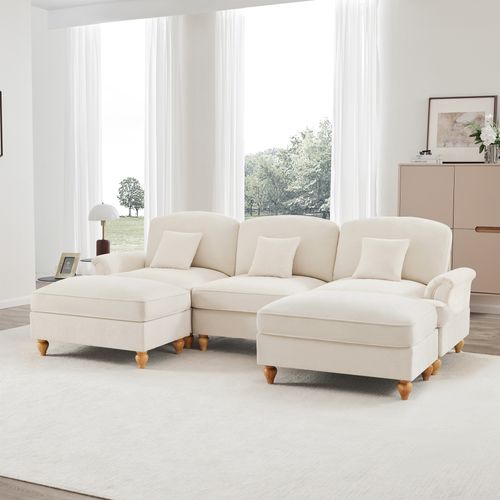 Canapé Modulable U En Chenille Blanc Avec Hocker Et Volant Amovible