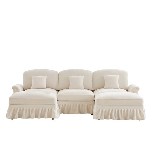 Canapé Modulable U En Chenille Blanc Avec Hocker Et Volant Amovible