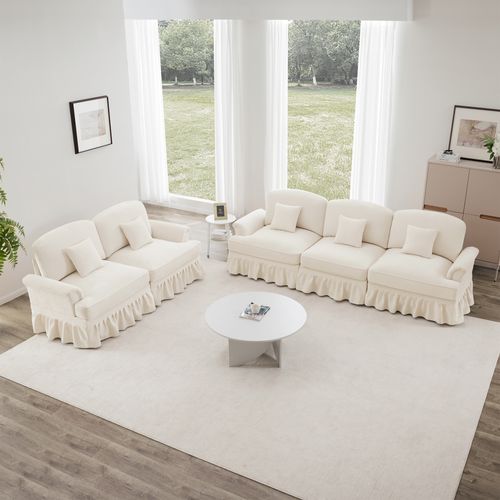 Canapé Modulable 2 Pièces Blanc En Chenille – 3 Et 2 Places Avec Volant Amovible