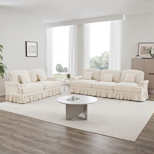 Canapé Modulable 2 Pièces Blanc En Chenille – 3 Et 2 Places Avec Volant Amovible