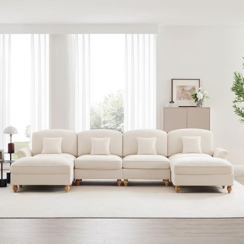 Canapé Modulable En U 4 Places Blanc En Chenille Avec Volant Amovible