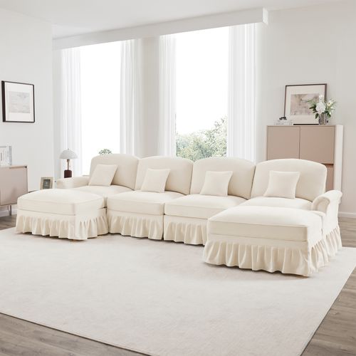 Canapé Modulable En U 4 Places Blanc En Chenille Avec Volant Amovible