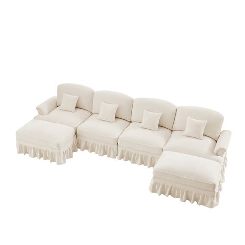 Canapé Modulable En U 4 Places Blanc En Chenille Avec Volant Amovible