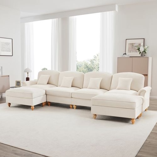 Canapé Modulable En U 4 Places Blanc En Chenille Avec Volant Amovible