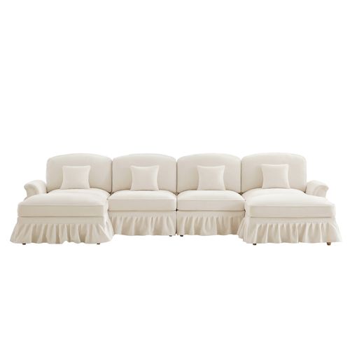 Canapé Modulable En U 4 Places Blanc En Chenille Avec Volant Amovible