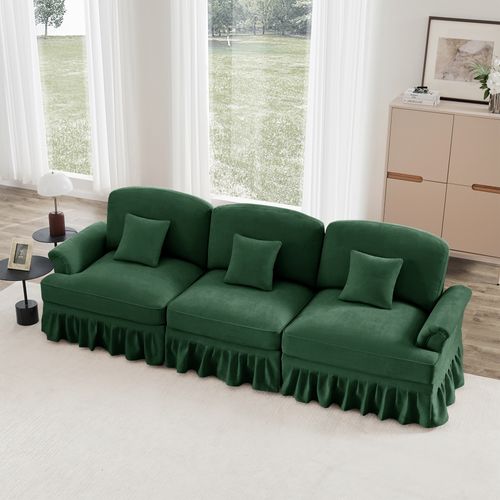 Canapé 3 Places Vert Mid-century En Chenille Avec Volant Amovible