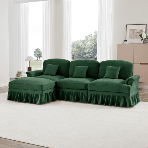 Canapé Modulable 3 Places Vert Mid-century En Chenille Avec Hocker