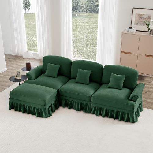 Canapé Modulable 3 Places Vert Mid-century En Chenille Avec Hocker