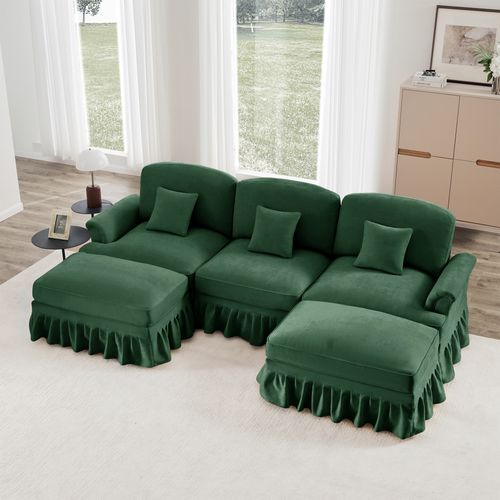 Canapé Modulable U En Chenille Blanc Avec Hocker Et Volant Amovible