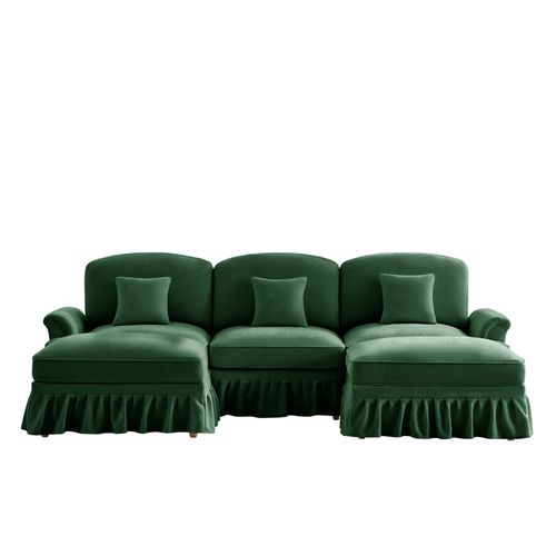 Canapé Modulable U En Chenille Blanc Avec Hocker Et Volant Amovible