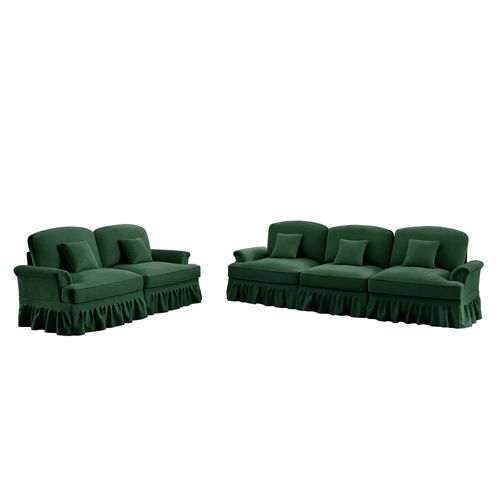 Canapé Modulable 2 Pièces Vert En Chenille – 3 Et 2 Places Avec Volant Amovible