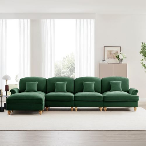 Canapé D’angle Modulable 4 Places Vert En Chenille Avec Volant Amovible