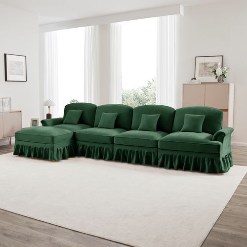 Canapé D’angle Modulable 4 Places Vert En Chenille Avec Volant Amovible