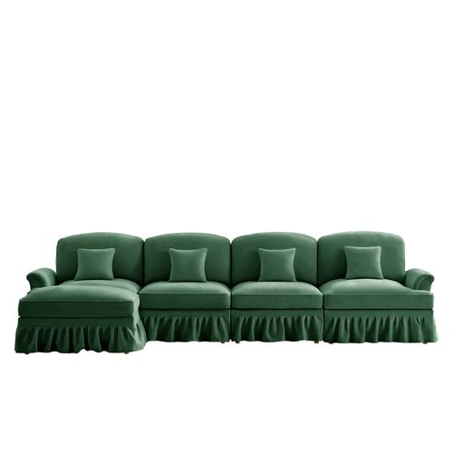 Canapé D’angle Modulable 4 Places Vert En Chenille Avec Volant Amovible