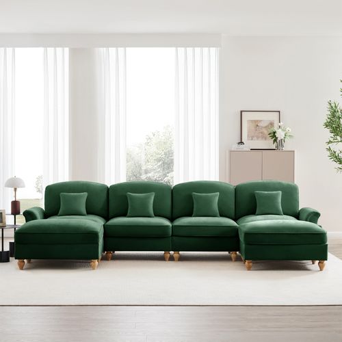 Canapé Modulable En U 4 Places Vert En Chenille Avec Volant Amovible