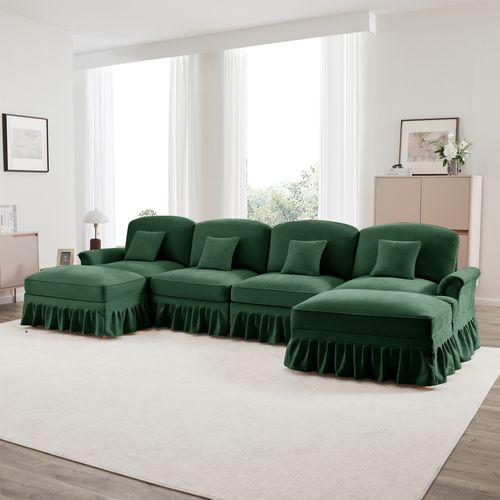 Canapé Modulable En U 4 Places Vert En Chenille Avec Volant Amovible