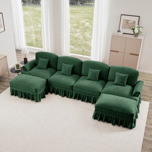 Canapé Modulable En U 4 Places Vert En Chenille Avec Volant Amovible