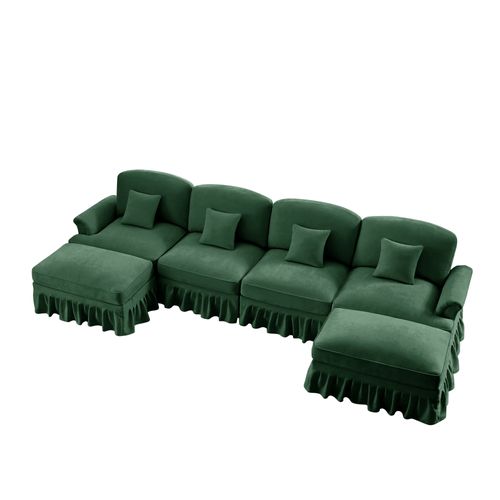 Canapé Modulable En U 4 Places Vert En Chenille Avec Volant Amovible