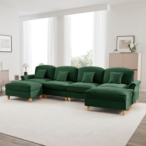 Canapé Modulable En U 4 Places Vert En Chenille Avec Volant Amovible