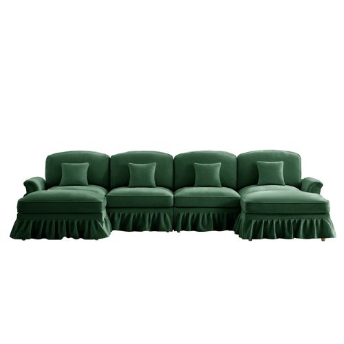 Canapé Modulable En U 4 Places Vert En Chenille Avec Volant Amovible